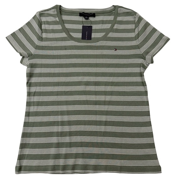 Tommy Hilfiger Tops - Tommy Hilfiger Olive and White Striped‎ Tee Size XL